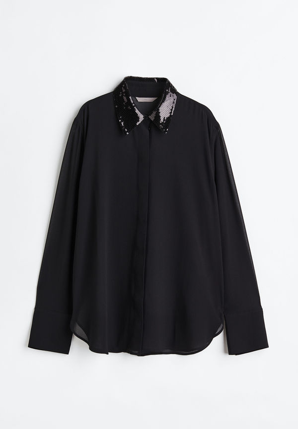 H&M Skjorta Med Paljettkrage Svart, Casualskjortor i storlek XS