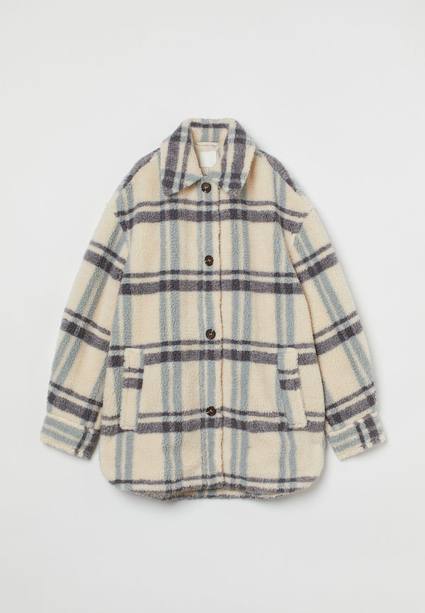 H&M Skjortjacka I Pile Ljusbeige/grårutig, Overshirts i storlek XL