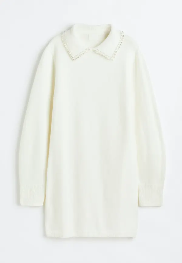 H&M Stickad Klänning Med Krage Vit, Vardagsklänningar i storlek XS