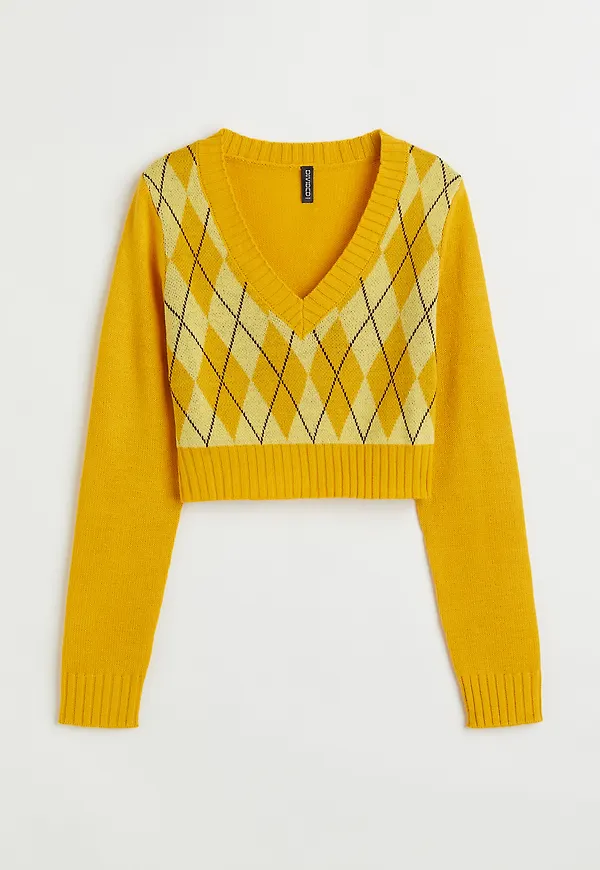 H&M Stickad Tröja Gul/mönstrad i storlek L