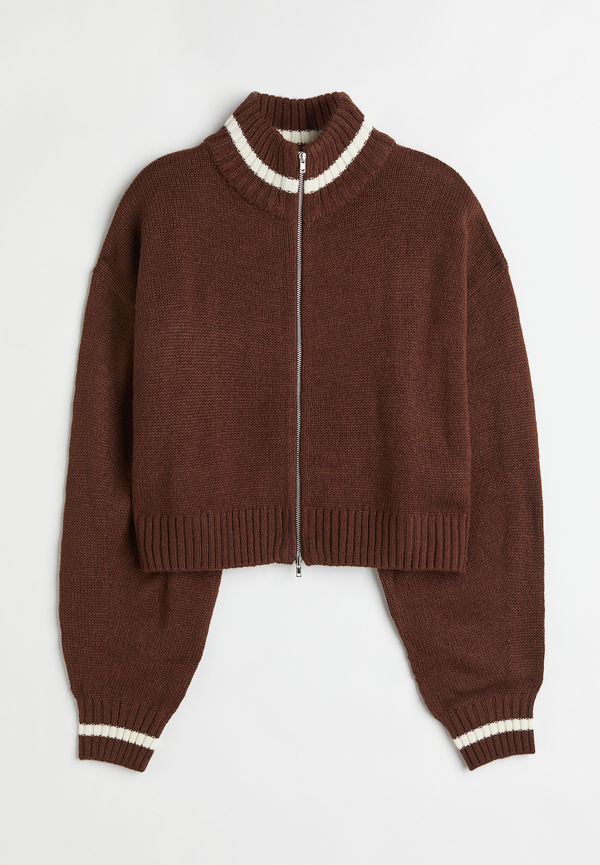H&M Stickad Tröja Med Dragkedja Mörkbrun i storlek XS