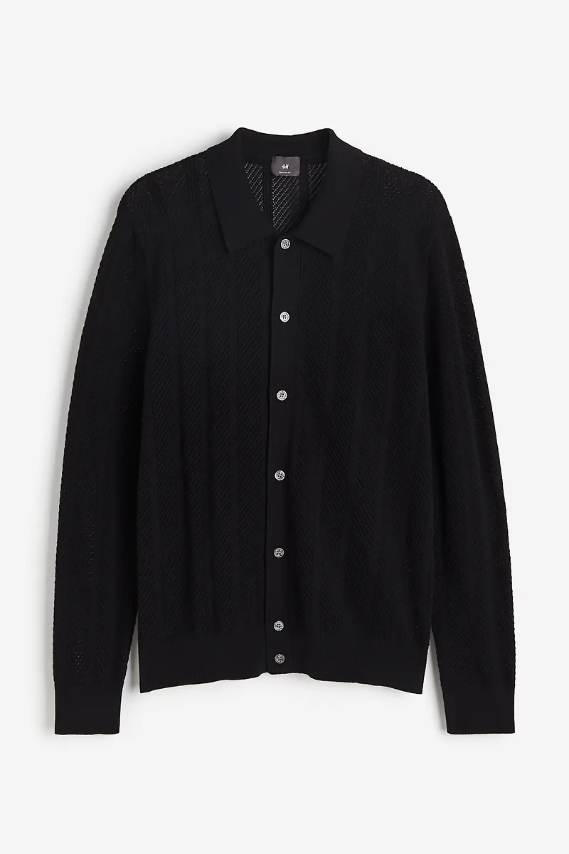 H&M Strukturstickad Kofta Regular Fit Svart i storlek XS