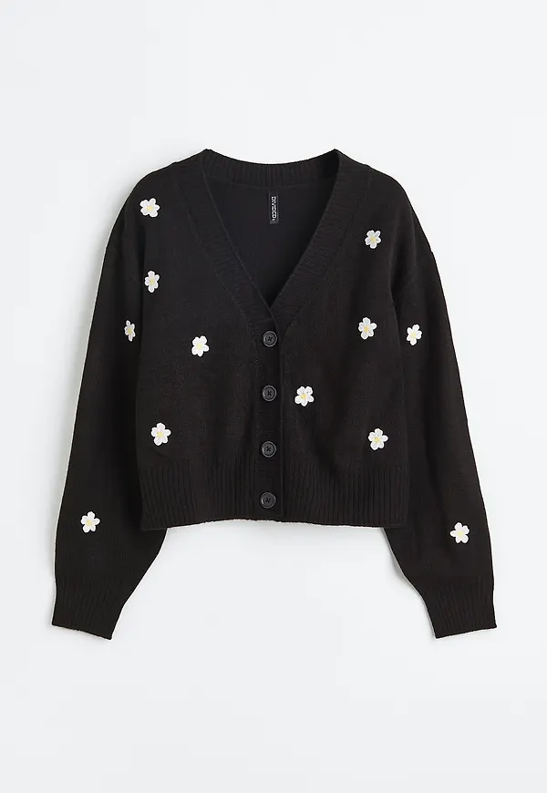 H&M V-ringad Kofta Svart/blommor i storlek XL