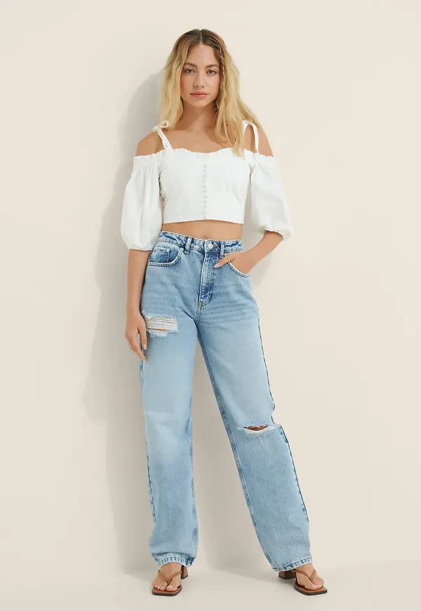 Handpicked x NA-KD Ekologiska slitna denim med hög midja - Blue