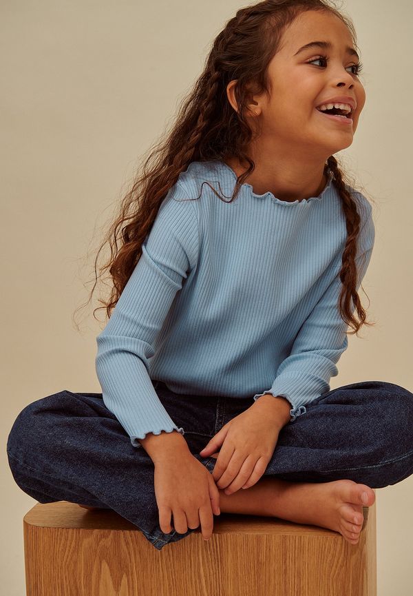 Handpicked x NA-KD Mini ekologisk ribbad långärmad topp med detalj - Blue