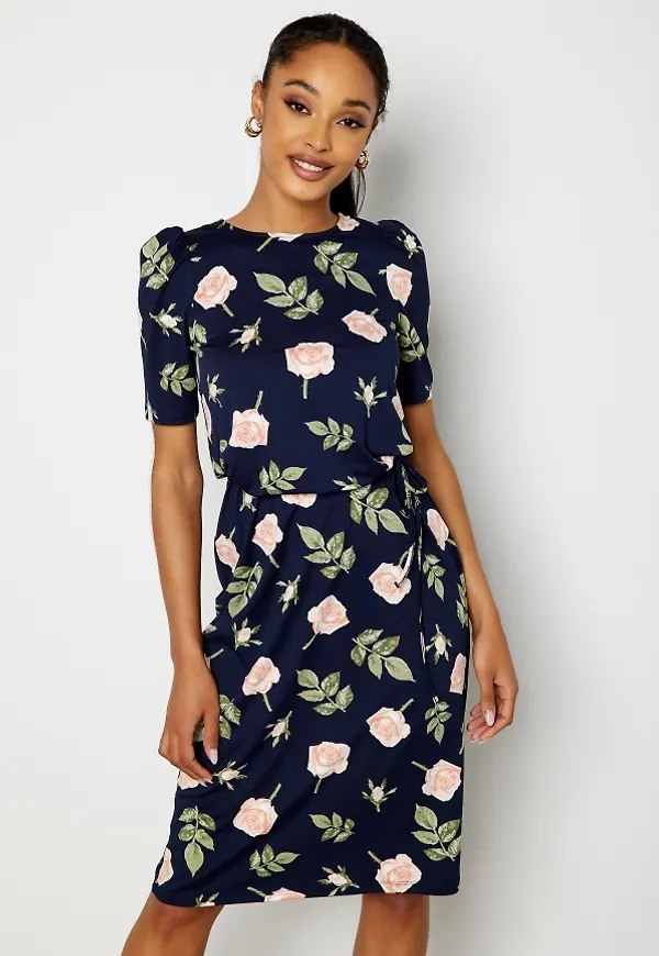 Happy Holly Blenda puff sleeve midi dress Navy / Floral 40/42