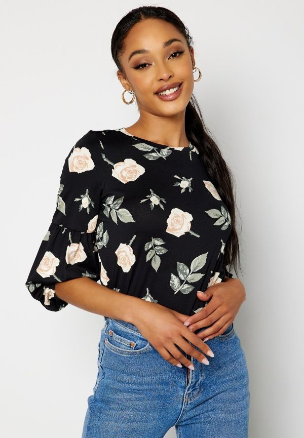 Happy Holly Blenda puff sleeve top Black / Floral 36/38