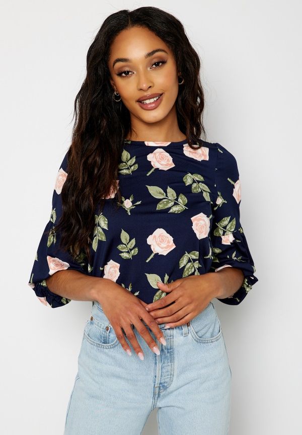 Happy Holly Blenda puff sleeve top Navy / Floral 40/42