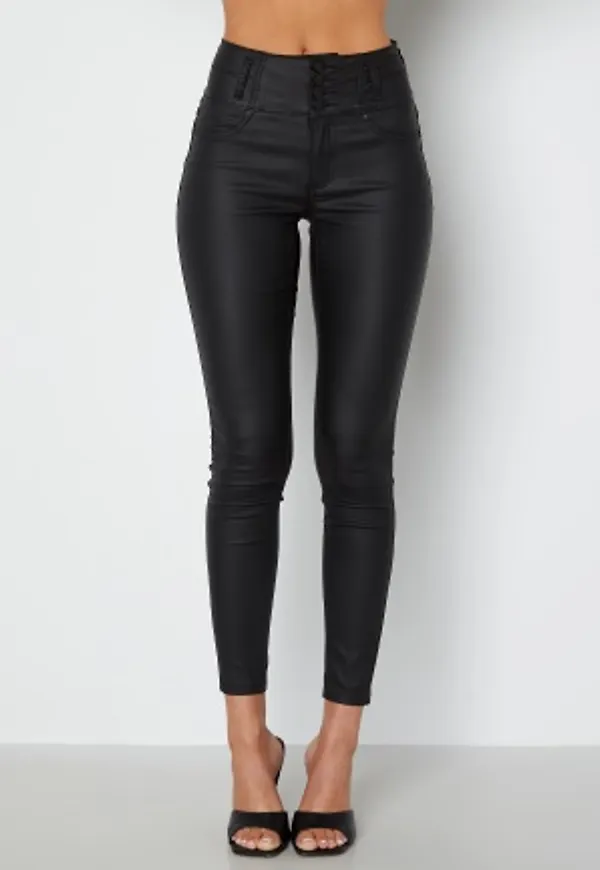 Happy Holly Mid Waist Buttoned Coated Trousers Black 46R