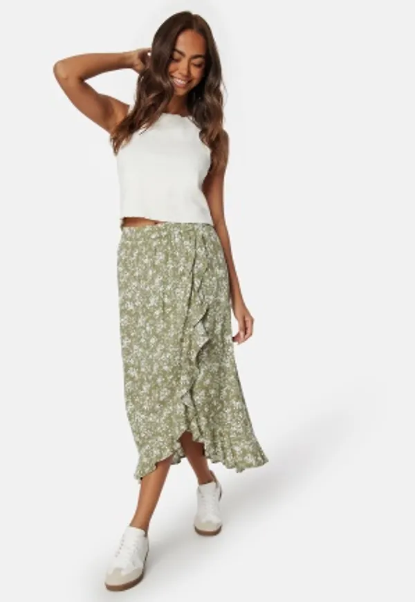 Happy Holly Front Wrap Viscose Skirt Khaki green/Patterned 52/54