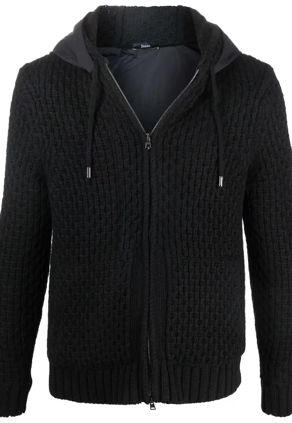 Herno vadderad strukturstickad hoodie - Svart