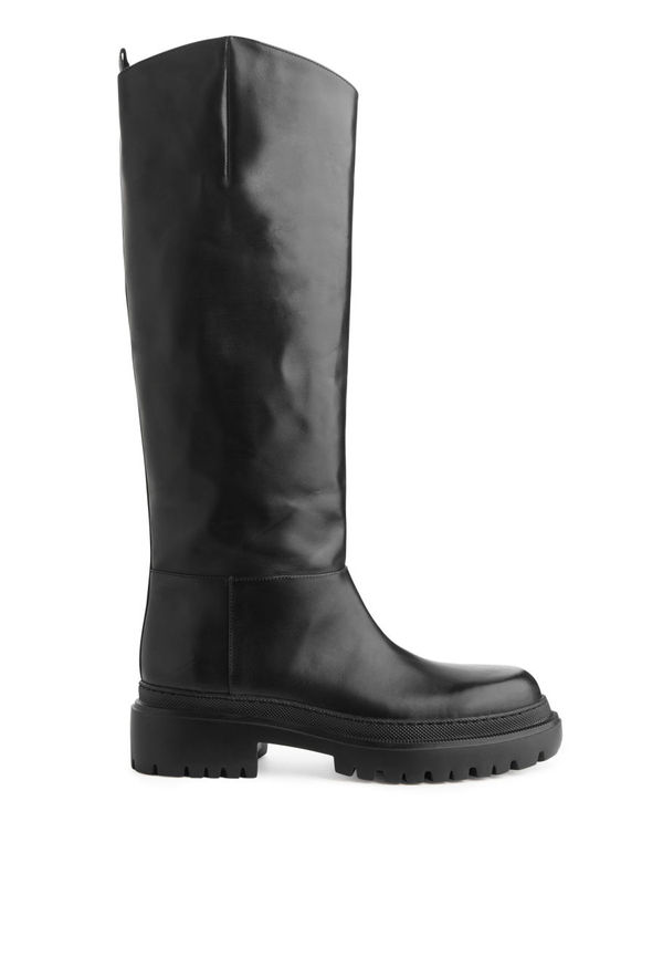 High-Shaft Chunky Leather Boots - Black