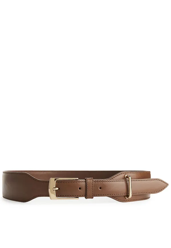 High Waist Leather Belt - Beige