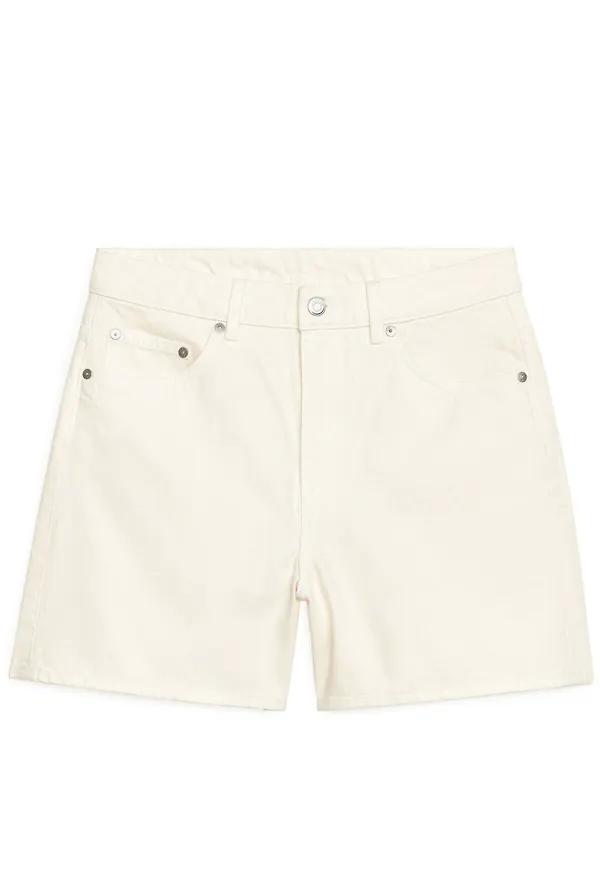 High Waist Non-Stretch Denim Shorts - White