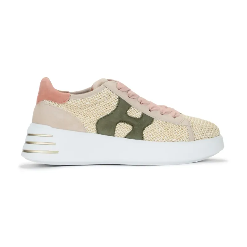 Hogan, Skor, Dam, 39 EU, Beige och gröna rafia sneakers - Rebel Collection