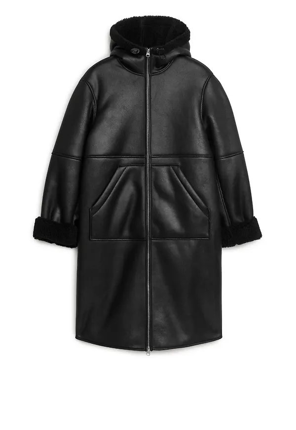 Hooded Moleskin Coat - Black