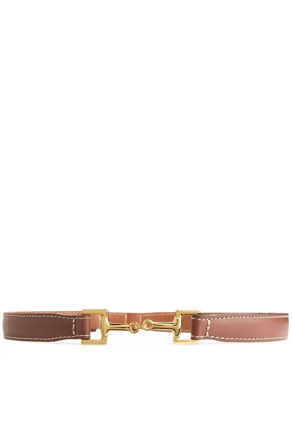 Horsebit Buckle Leather Belt - Beige