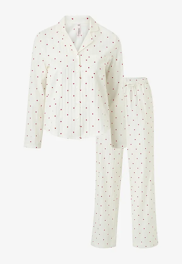 Hunkemöller - Pyjamasset PJ LS CO Jacquard Hearts - Vit