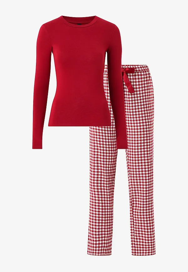 Hunkemöller - Pyjamasset PJ Set LS Top Twill Chec - Röd
