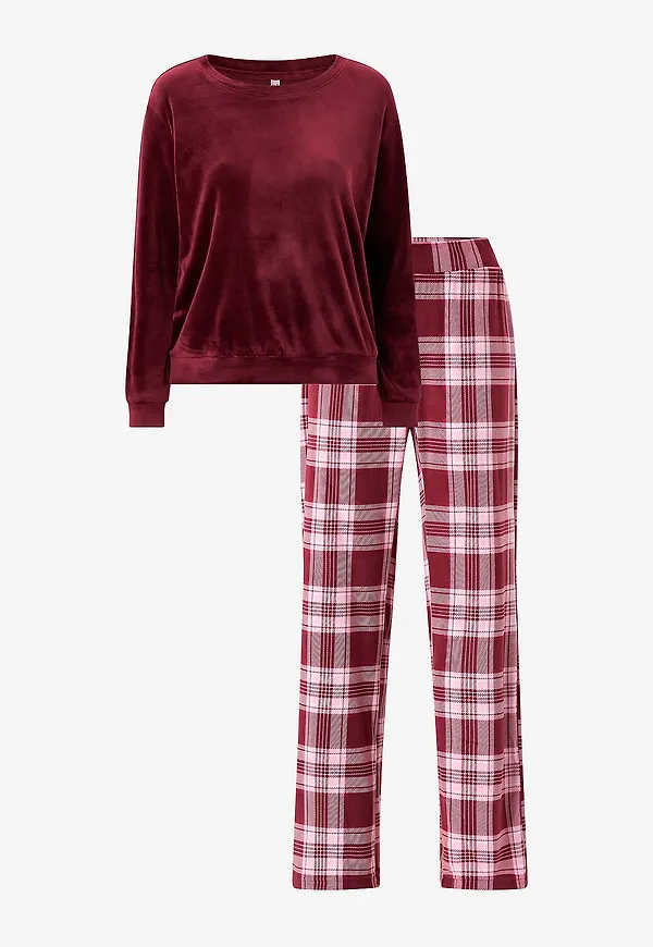 Hunkemöller - Pyjamasset PJ Set LS Velours Check - Röd