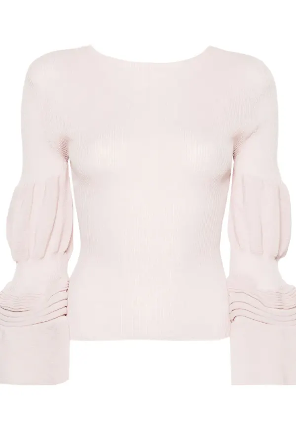 Issey Miyake ribbstickad topp med klockärm - Rosa