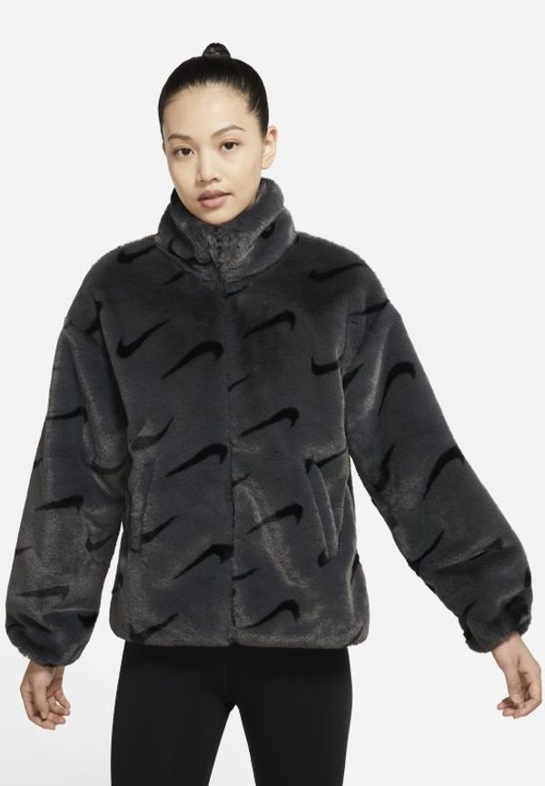 Jacka i fuskpäls med tryck Nike Sportswear Plush för kvinnor - Grå