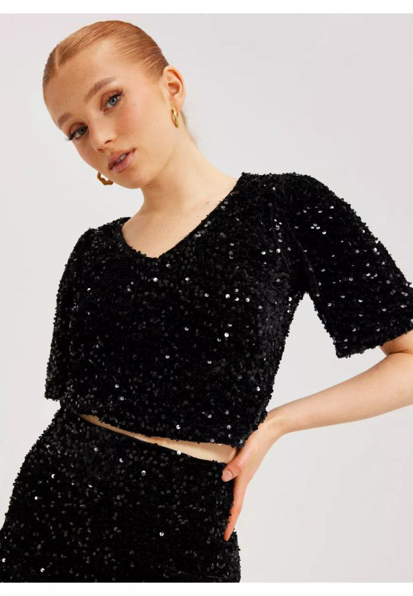 JdY Jdysara S/S V-Neck Top Jrs Glittriga toppar Black Sequince