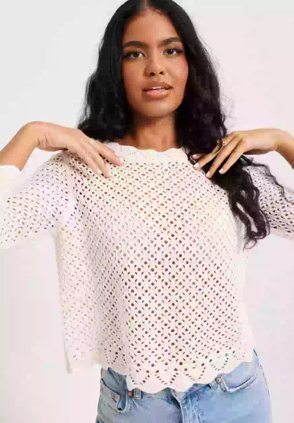 JdY Jdysun 3/4 O-Neck Cropped Pullover Stickade tröjor Eggnog