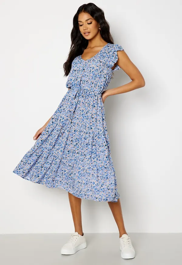 JDY Starr Life S/S Frill Midi Dress Blue Bonnet AOP: Kam 42