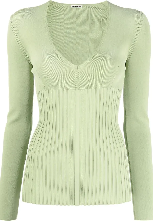 Jil Sander ribbad v-ringad tröja - Grön