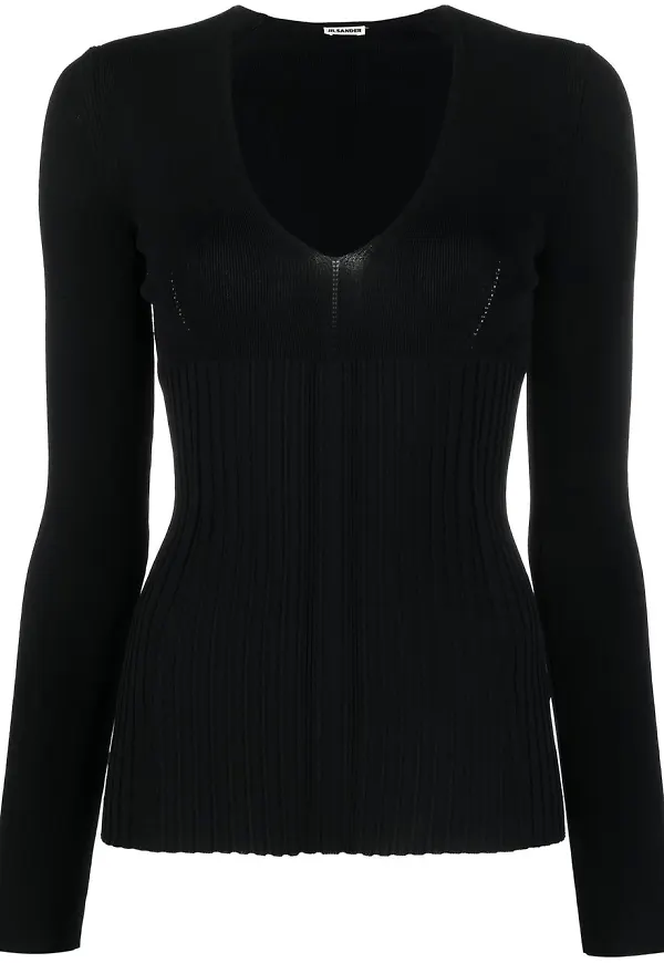 Jil Sander ribbstickad v-ringad tröja - Svart