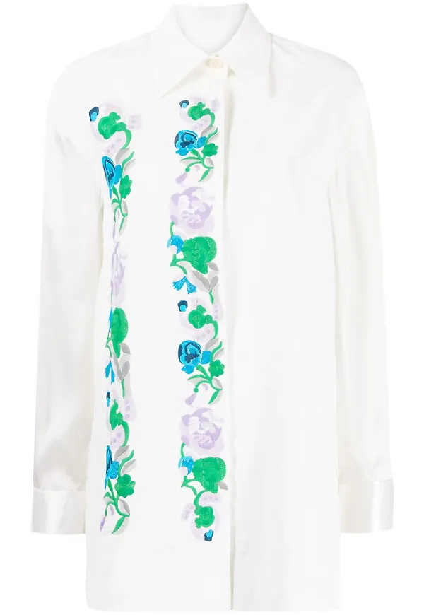Jil Sander skjorta med blomsterbrodyr - Vit