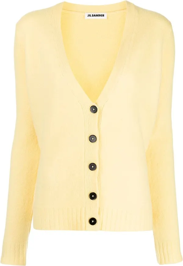 Jil Sander v-ringad ribbstickad kofta - Gul