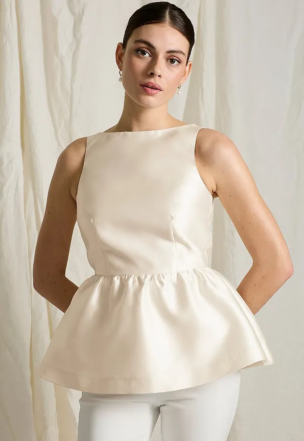Joelle - Ärmlös satinblus med peplum - Vit