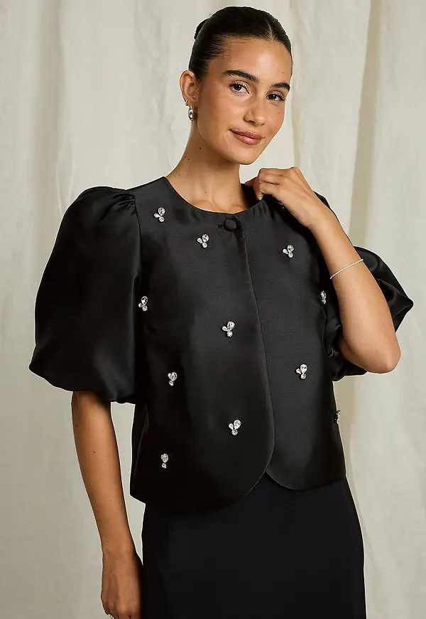 Joelle - Boleroblus i satin - Svart