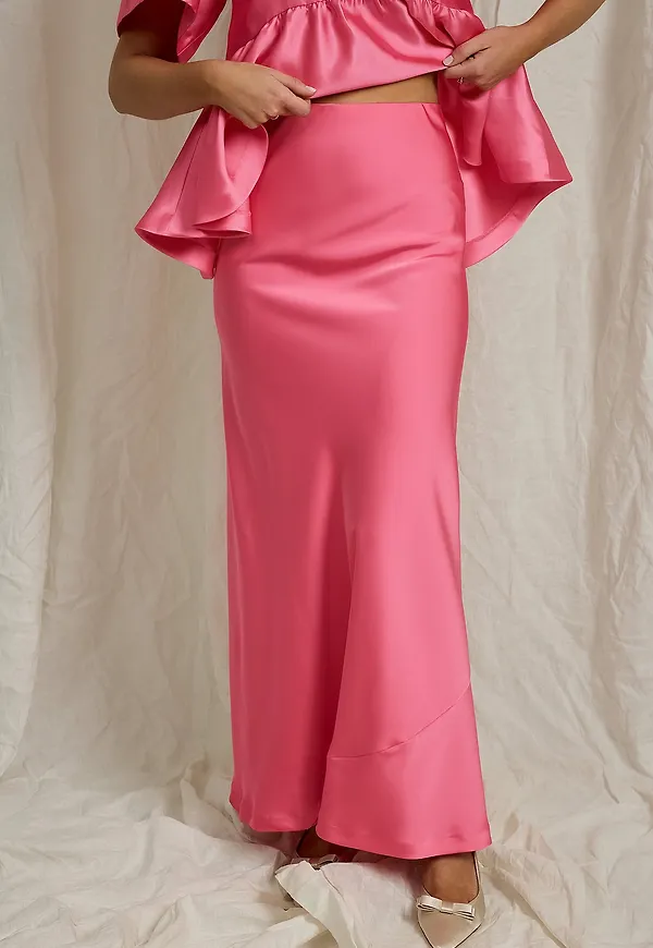 Joelle - Lång, rak maxikjol i satin - Rosa