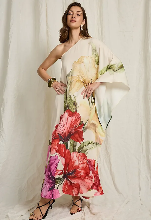 Joelle - One shoulder-klänning med capeärm - Natur