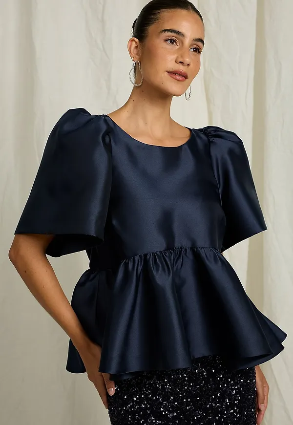 Joelle - Satinblus med peplum - Blå