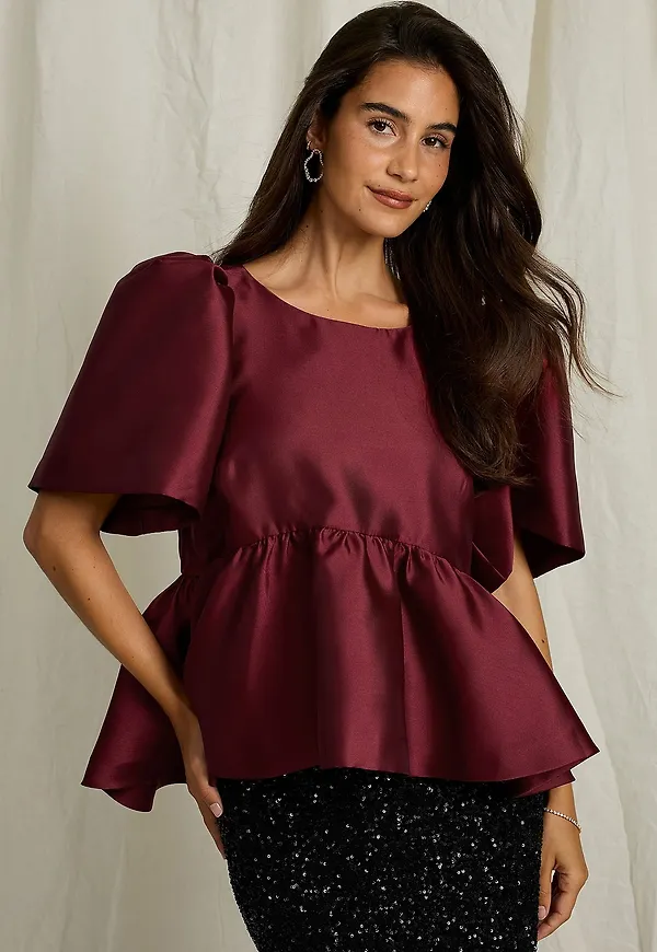 Joelle - Satinblus med peplum - Röd
