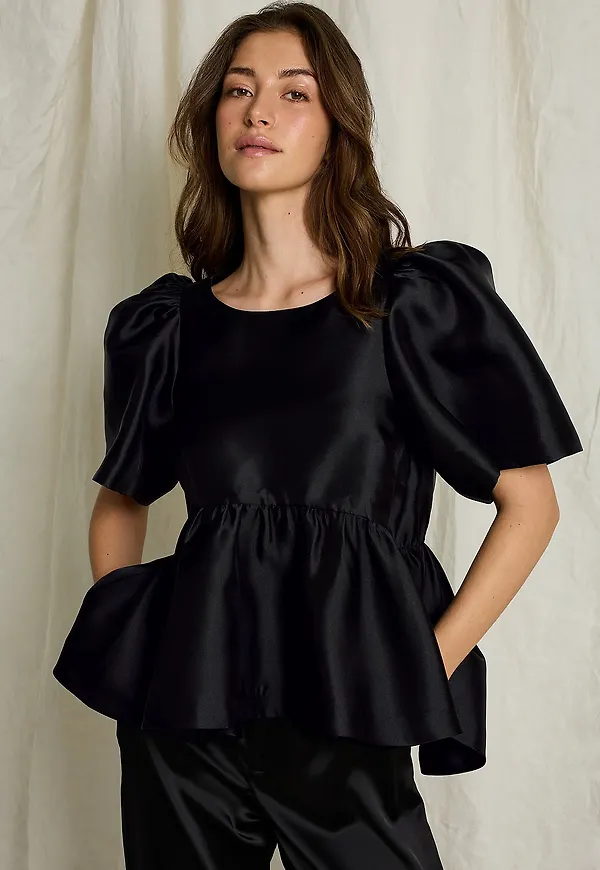 Joelle - Satinblus med peplum - Svart