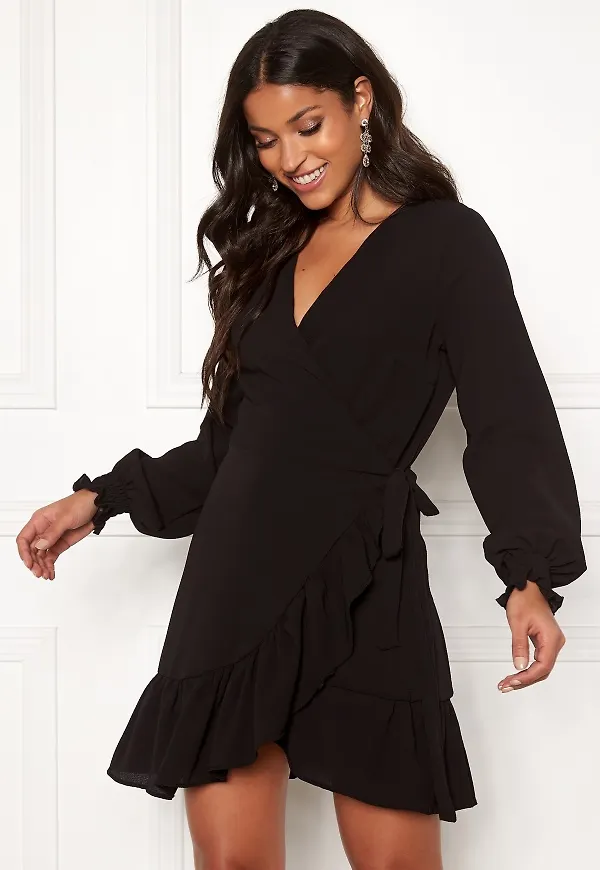 John Zack Frilly Wrap Mini Dress Black L (UK14)