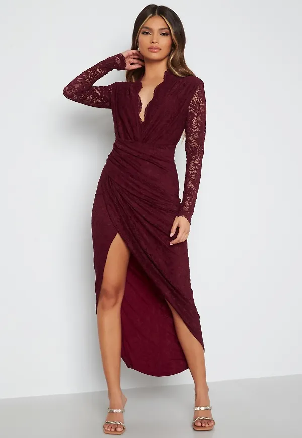 John Zack Lace Long Sleeve Rouch Dress Wine S (UK10)
