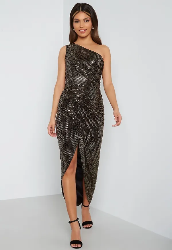 John Zack Sequin One Shoulder Sleeve Rouch Dress Black/Gold S (UK10)