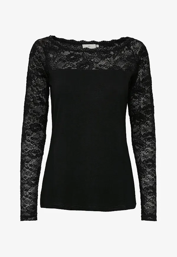 KAFFE - Topp Lacy Boat T-shirt - Svart
