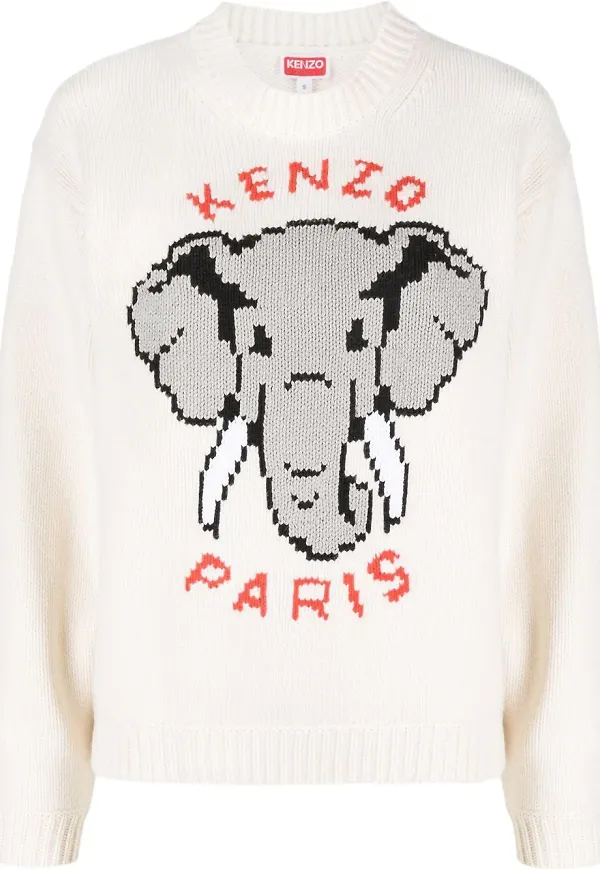 Kenzo intarsiastickad tröja med elefant - Vit