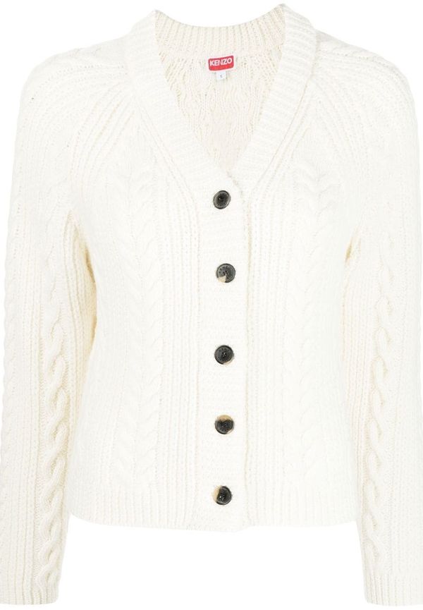 Kenzo kabelstickad v-ringad kofta - Vit