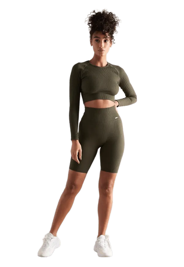 Khaki Ribbed Seamless Biker Shorts