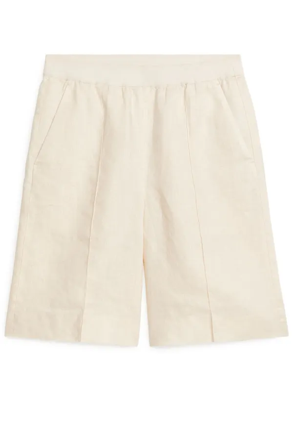 Knee-Length Linen Shorts - Beige