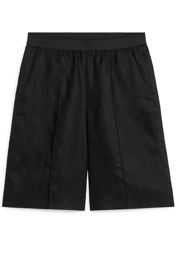 Knee-Length Linen Shorts - Black