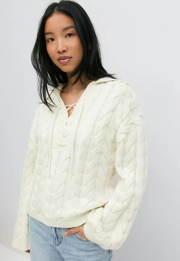 Gina Tricot - Knitted cable collar sweater - stickade tröjor - Vit - XS - Dam